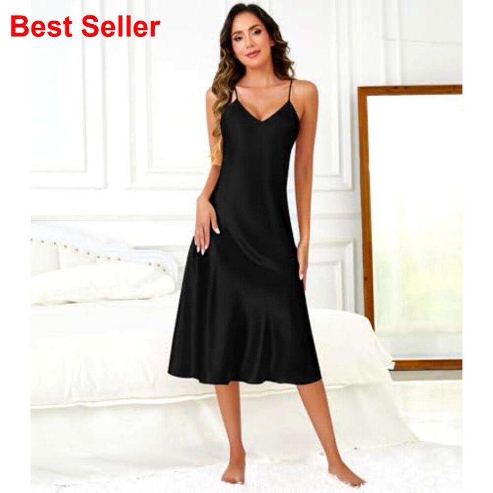 Long Satin Nightgown V-Neck Adjustable Straps Ruffle Hem Sleepwear - Picture 2 of 6